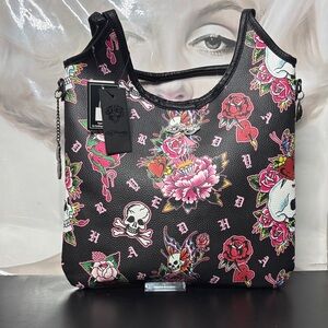 Ed Hardy Black and Pink Tattoo-Inspired Shoulder Bag